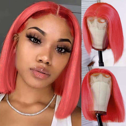 Hot Pink Bob Wigs Straight Human Hair 13x4 Lace Frontal Wigs for Women Orange-Red Bob Wig Pre Plucked Hairline with Baby Hair Brazilian Virgin Hair Short Lace Colored Bob Glueless 150% Density 12inch