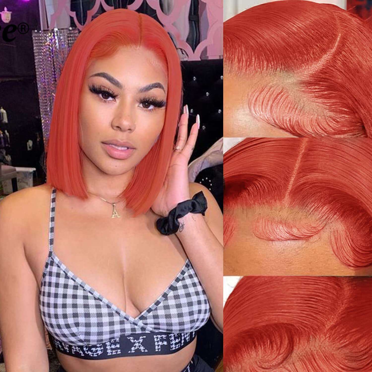 Hot Pink Bob Wigs Straight Human Hair 13x4 Lace Frontal Wigs for Women Orange-Red Bob Wig Pre Plucked Hairline with Baby Hair Brazilian Virgin Hair Short Lace Colored Bob Glueless 150% Density 12inch