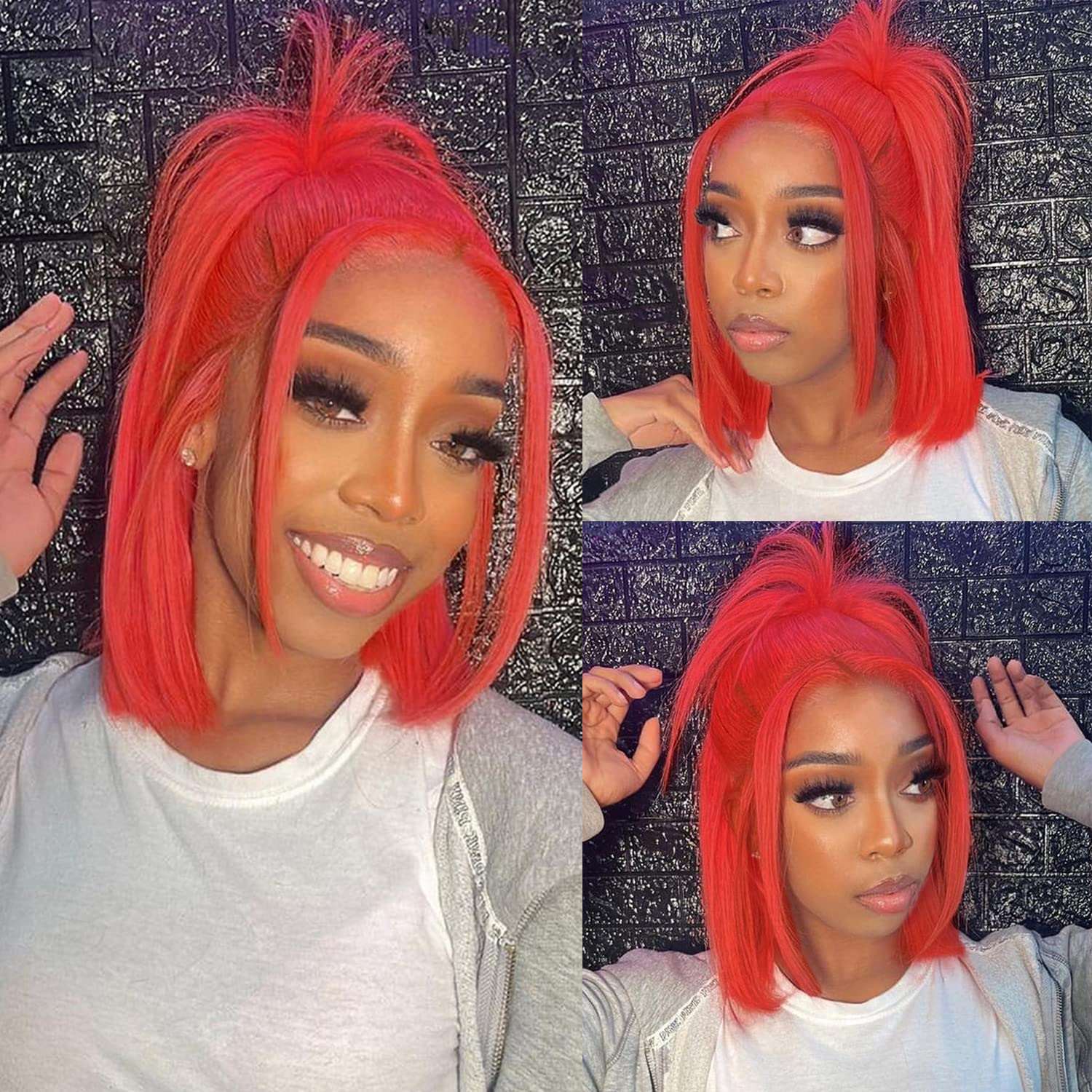 Hot Pink Bob Wigs Straight Human Hair 13x4 Lace Frontal Wigs for Women Orange-Red Bob Wig Pre Plucked Hairline with Baby Hair Brazilian Virgin Hair Short Lace Colored Bob Glueless 150% Density 12inch