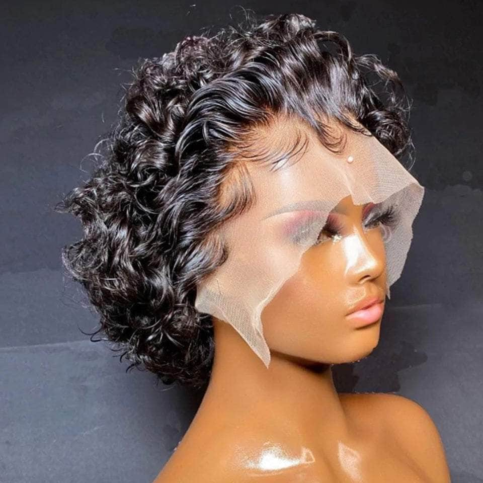 Bouncy Curl Short Pixie Bob Lace Front Human Hair Wig 180% Density