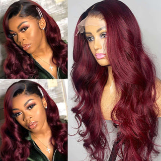 13x4 HD Lace Pre - cut Wear and Go 99J Burgundy Colored Lace Wear Go Wig 180% Density - LIBEAUTY HAIR