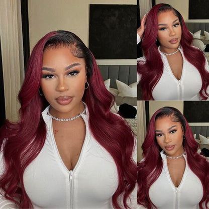 13x4 Lace Front Burgundy Red With Dark Roots Body Wave Wig - LIBEAUTY HAIR