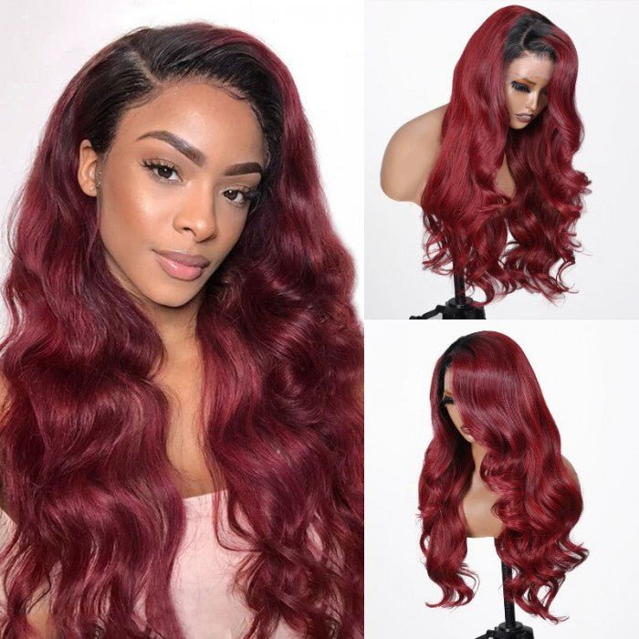 13x4 Lace Front Burgundy Red With Dark Roots Body Wave Wig - LIBEAUTY HAIR