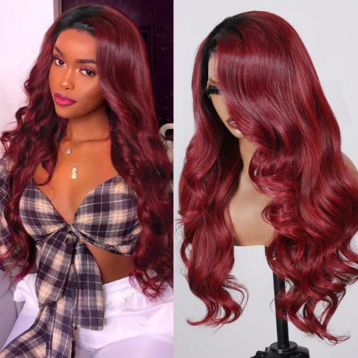 13x4 Lace Front Burgundy Red With Dark Roots Body Wave Wig - LIBEAUTY HAIR