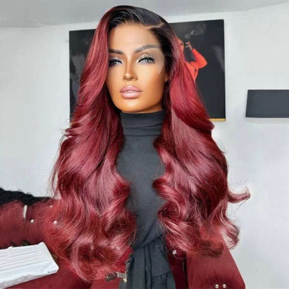 13x4 Lace Front Burgundy Red With Dark Roots Body Wave Wig - LIBEAUTY HAIR