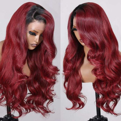 13x4 Lace Front Burgundy Red With Dark Roots Body Wave Wig - LIBEAUTY HAIR