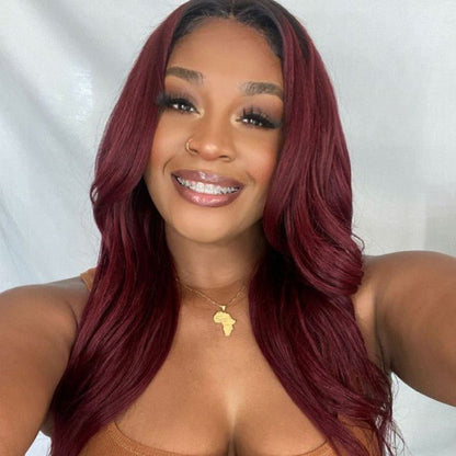 13x4 Lace Front Burgundy Red With Dark Roots Body Wave Wig - LIBEAUTY HAIR