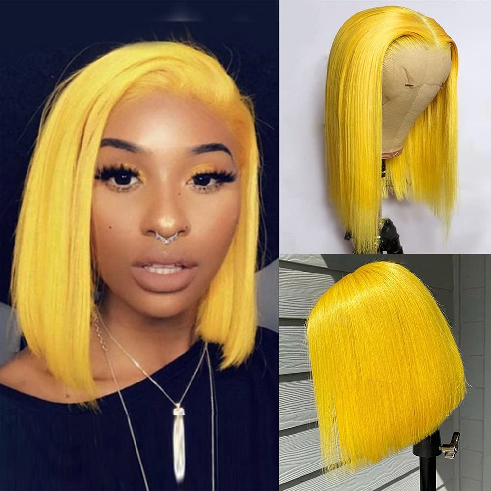 Human Hair Yellow Bob Wigs 10Inches Silky Straight 13x4 Lace Front Wig