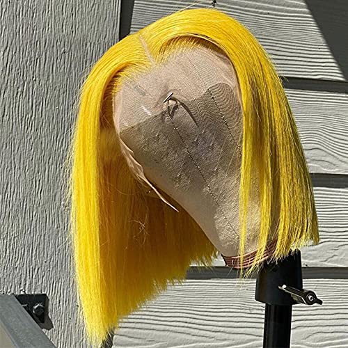 Human Hair Yellow Bob Wigs 10Inches Silky Straight 13x4 Lace Front Wig