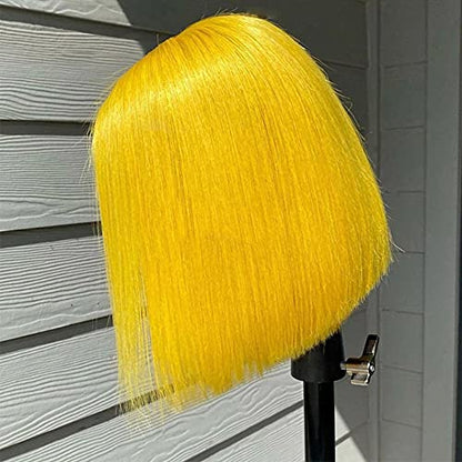 Human Hair Yellow Bob Wigs 10Inches Silky Straight 13x4 Lace Front Wig