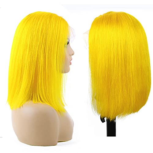 Human Hair Yellow Bob Wigs 10Inches Silky Straight 13x4 Lace Front Wig