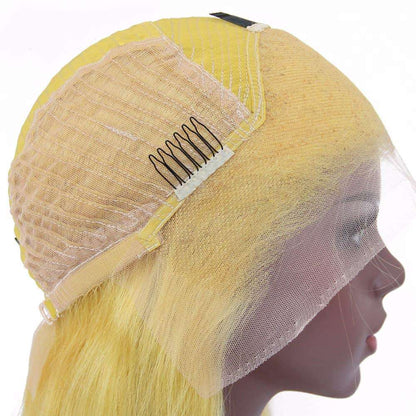 Human Hair Yellow Bob Wigs 10Inches Silky Straight 13x4 Lace Front Wigs Bleached Knots Pre Plucked Middle Part with Baby Hair Yellow Lace Front Bob Wigs Blunt Cut 150% Density for Women