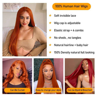 Ginger Orange Lace Front Wigs Human Hair Colored Straight Lace Front Wig 13x4 Hd Frontal Wig