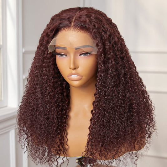 Brown Kinky Curly  Glueless Mid Part Long Wig 100% Human Hair