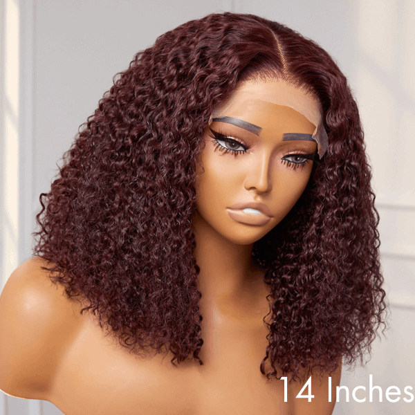 Dark Burgundy or Brown Kinky Curly 5x5 Closure Lace Glueless Mid Part Long Wig 100% Human Hair