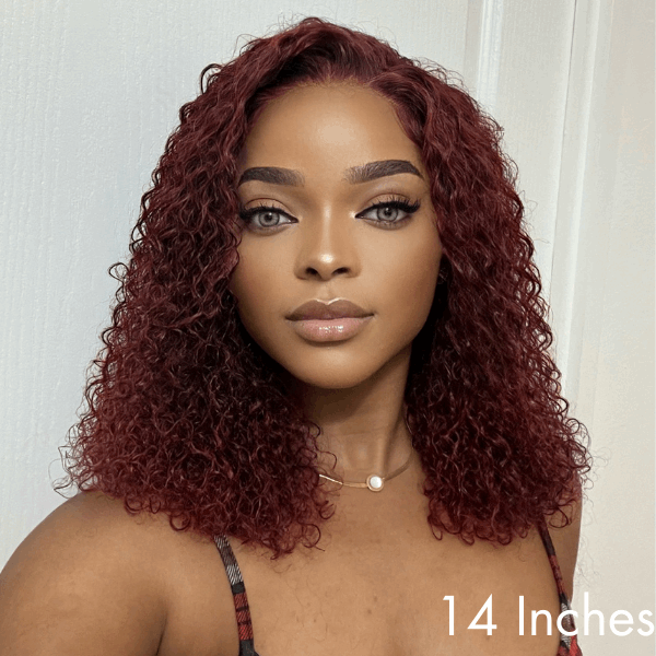 Dark Burgundy or Brown Kinky Curly 5x5 Closure Lace Glueless Mid Part Long Wig 100% Human Hair