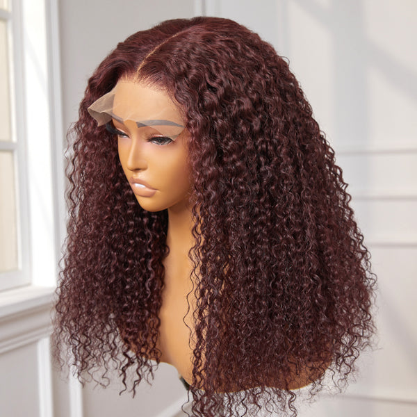 Brown Kinky Curly  Glueless Mid Part Long Wig 100% Human Hair