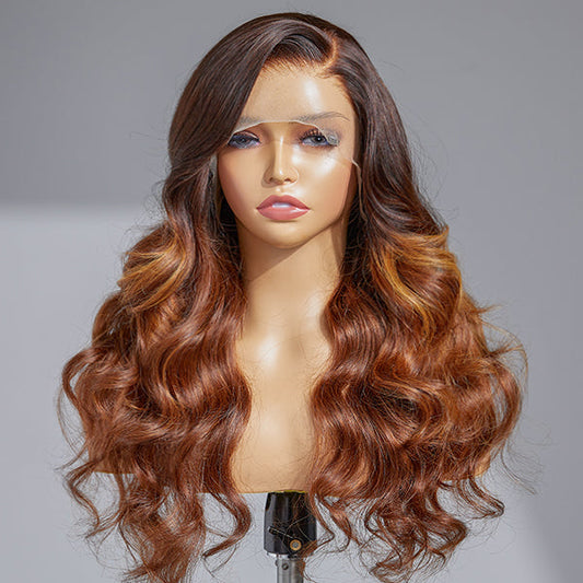 Limited Design |  Honey Brown Highlight HD 13x4 Frontal Lace Side Part Long Wig 100% Human Hair