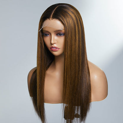 Limited Design | Brown Blonde Mix Silky Straight 5x5 Closure Lace Glueless Long Wig 100% Human Hair