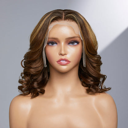 Limited Design | Bertha Highlight Loose Wave 13X4 Frontal Lace Mid Part Short Wig 100% Human Hair