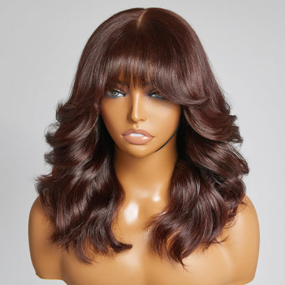 Limited Design | Layered Chocolate Brown Loose Body Wave With Bangs 4x4 Closure Lace Short Wig 100% Human Hair