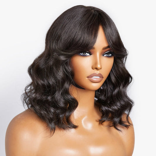 Mature Lady Short Loose Wave 4x4 Lace Wig With Bangs 100% Human Hair