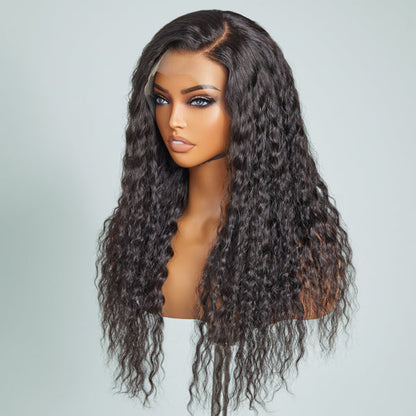 Natural Black Curly 13x4 Frontal Lace C Part Long Wig 100% Human Hair