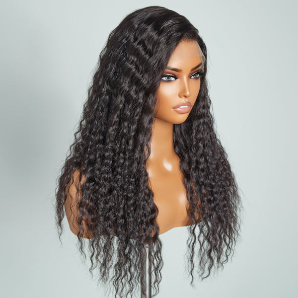 Natural Black Curly 13x4 Frontal Lace C Part Long Wig 100% Human Hair