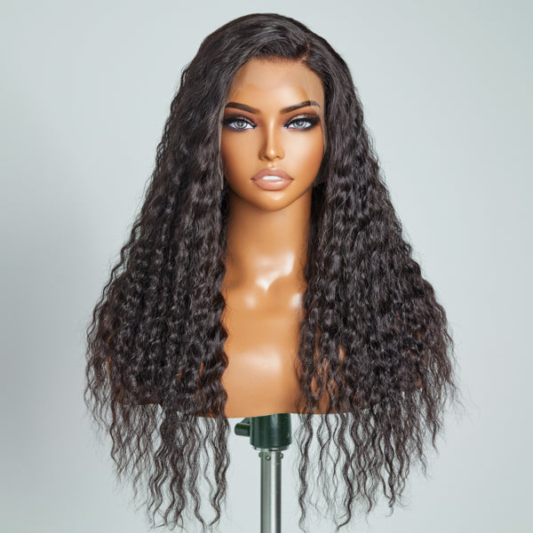 Natural Black Curly 13x4 Frontal Lace C Part Long Wig 100% Human Hair