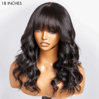 Loose Wave 5x5 Closure Lace Glueless Long Wig With Cute Bangs 100% Human Hair