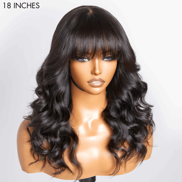 Loose Wave 5x5 Closure Lace Glueless Long Wig With Cute Bangs 100% Human Hair