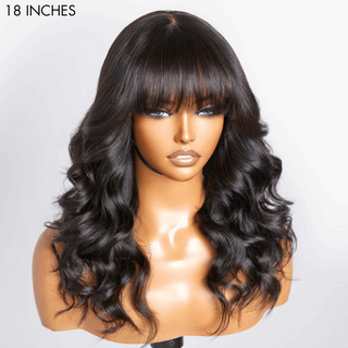 Loose Wave 5x5 Closure Lace Glueless Long Wig With Cute Bangs 100% Human Hair