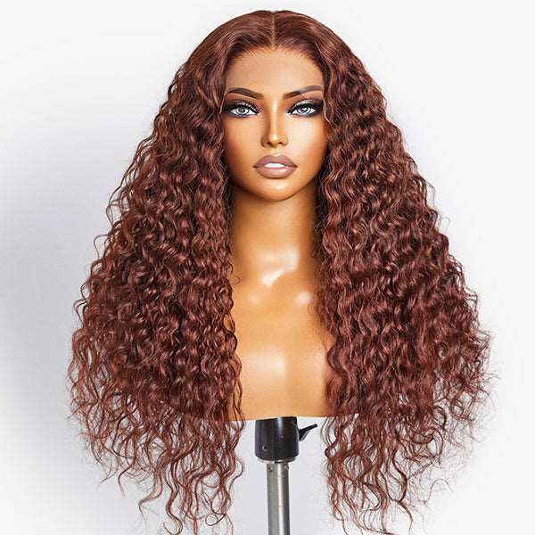 Casual Reddish Brown Curly 5x5 Closure Lace Glueless Mid Part Long Wig 100% Human Hair