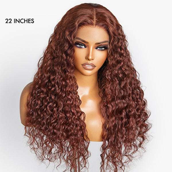 Casual Reddish Brown Curly 5x5 Closure Lace Glueless Mid Part Long Wig 100% Human Hair