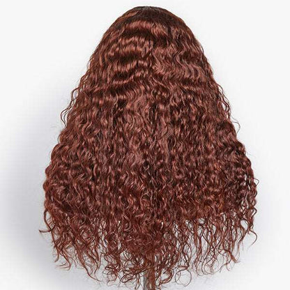 Casual Reddish Brown Curly 5x5 Closure Lace Glueless Mid Part Long Wig 100% Human Hair