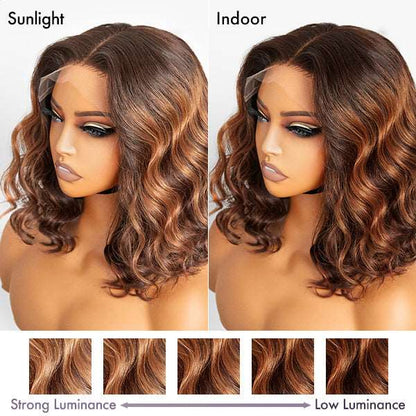 Elegant Brown Ombre Loose Wave  4x4 Lace Glueless Short Wig 100% Human Hair