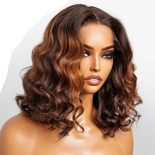 Elegant Brown Ombre Loose Wave  4x4 Lace Glueless Short Wig 100% Human Hair