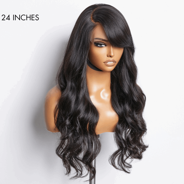 Graceful Natural Black Body Wave With Bangs 5x5 Closure Lace Glueless C Part Long Wig 100% Human Hair