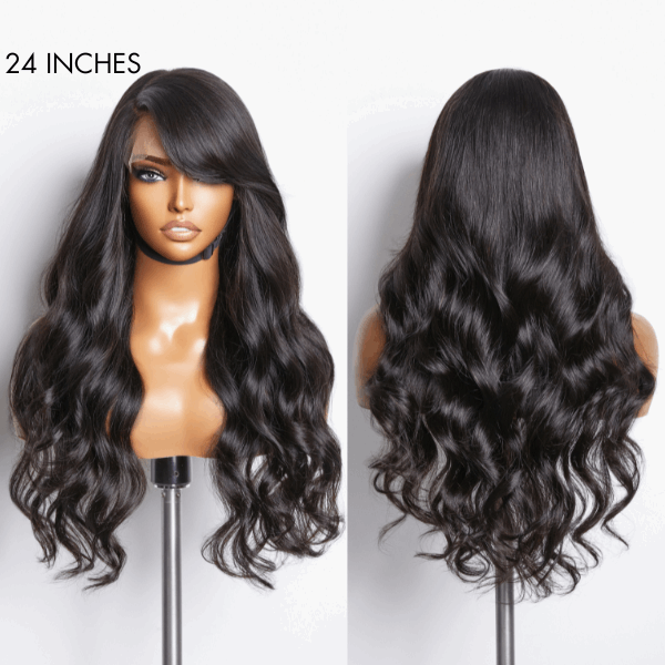 Graceful Natural Black Body Wave With Bangs 5x5 Closure Lace Glueless C Part Long Wig 100% Human Hair