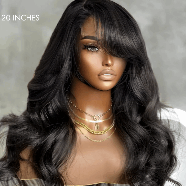 Graceful Natural Black Body Wave With Bangs 5x5 Closure Lace Glueless C Part Long Wig 100% Human Hair