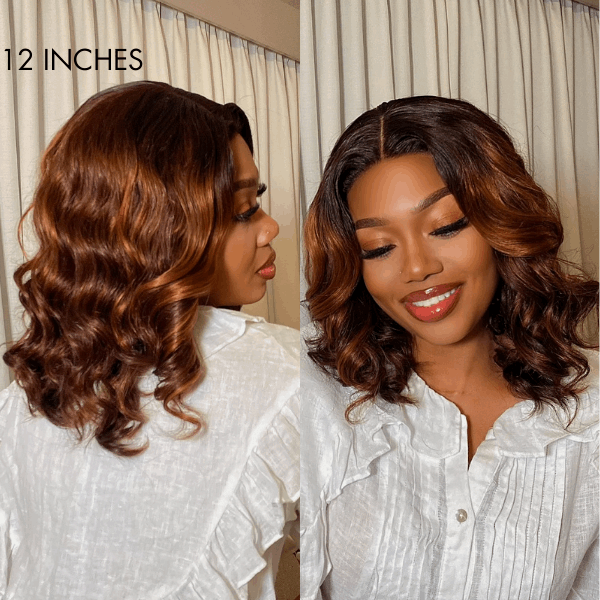 Elegant Brown Ombre Loose Wave  4x4 Lace Glueless Short Wig 100% Human Hair