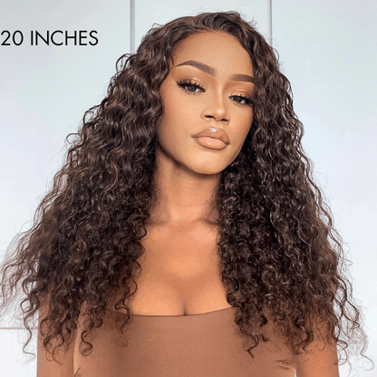 Brown Water Wave 5X5 Closure Lace Glueless Mid Part Long Wig 100% Human Hair