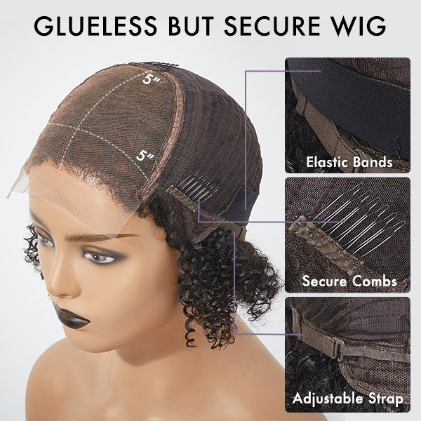 Natural Black Loose Wave 5x5 Closure Lace Glueless Short Wig 100% Human Hair