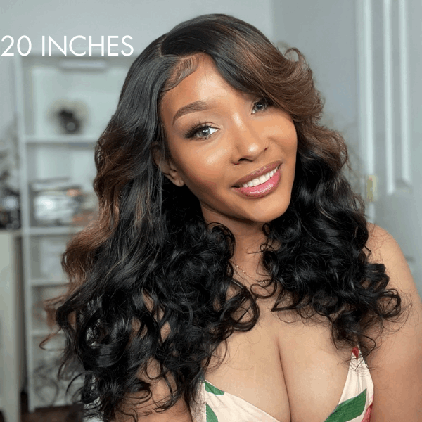 Brown Mix Black / Natural Black C Part Glueless Loose Wave 4x4 Closure Wig With Bangs 100% Human Hair