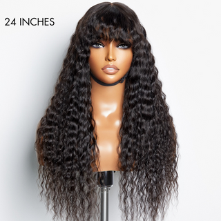 Romantic Bohemian Curly 5X5 Lace Glueless Long Wig with Cute Bangs 100% Human Hair