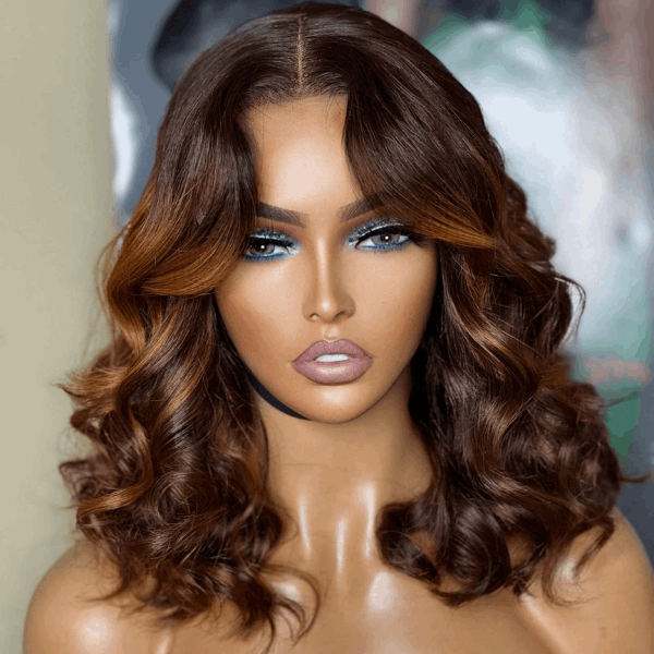 Elegant Brown Ombre Loose Wave  4x4 Lace Glueless Short Wig 100% Human Hair