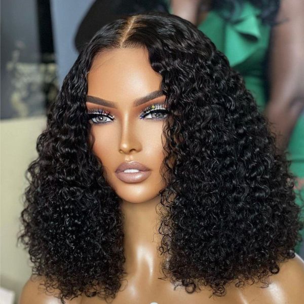 Mix Brown or Natural Black Kinky Curly 5x5 Closure  Lace Glueless Mid Part Neck Length Wig 100% Human Hair