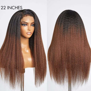 Kinky Edges Black To Brown Ombre Kinky Straight 5x5 Closure Lace Glueless Side Part Long Wig 100% Human Hair