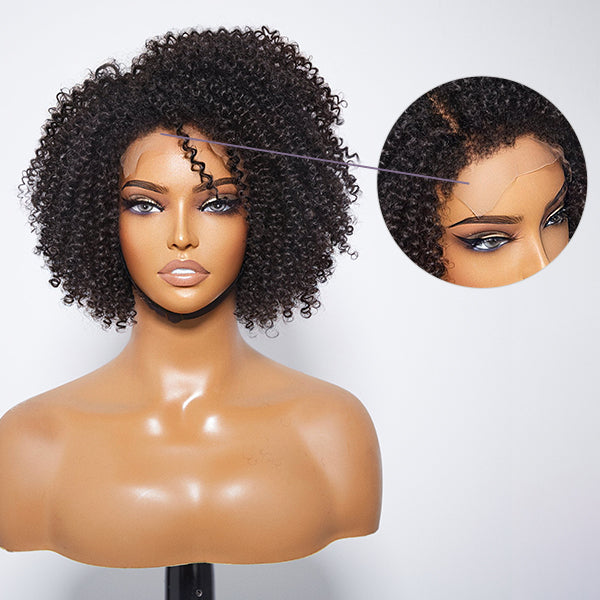 Kinky Curly Glueless Curly Bob Wig Black Pixie Curly Hair  5x5 Closure Lace Glueless Side Part Short Wig 100% Human Hair