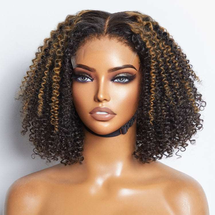 Afro Wigs Short Curly Wigs for Women Ombre Brown Kinky Curly Hair Wig Glueless 5x5 Closure Undetectable  Lace Wig 180% density